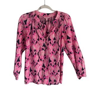 Lily Pulitzer Elsa Silk Top High Tide Navy Vía Amor Sz S Preppy Pink Flamingo